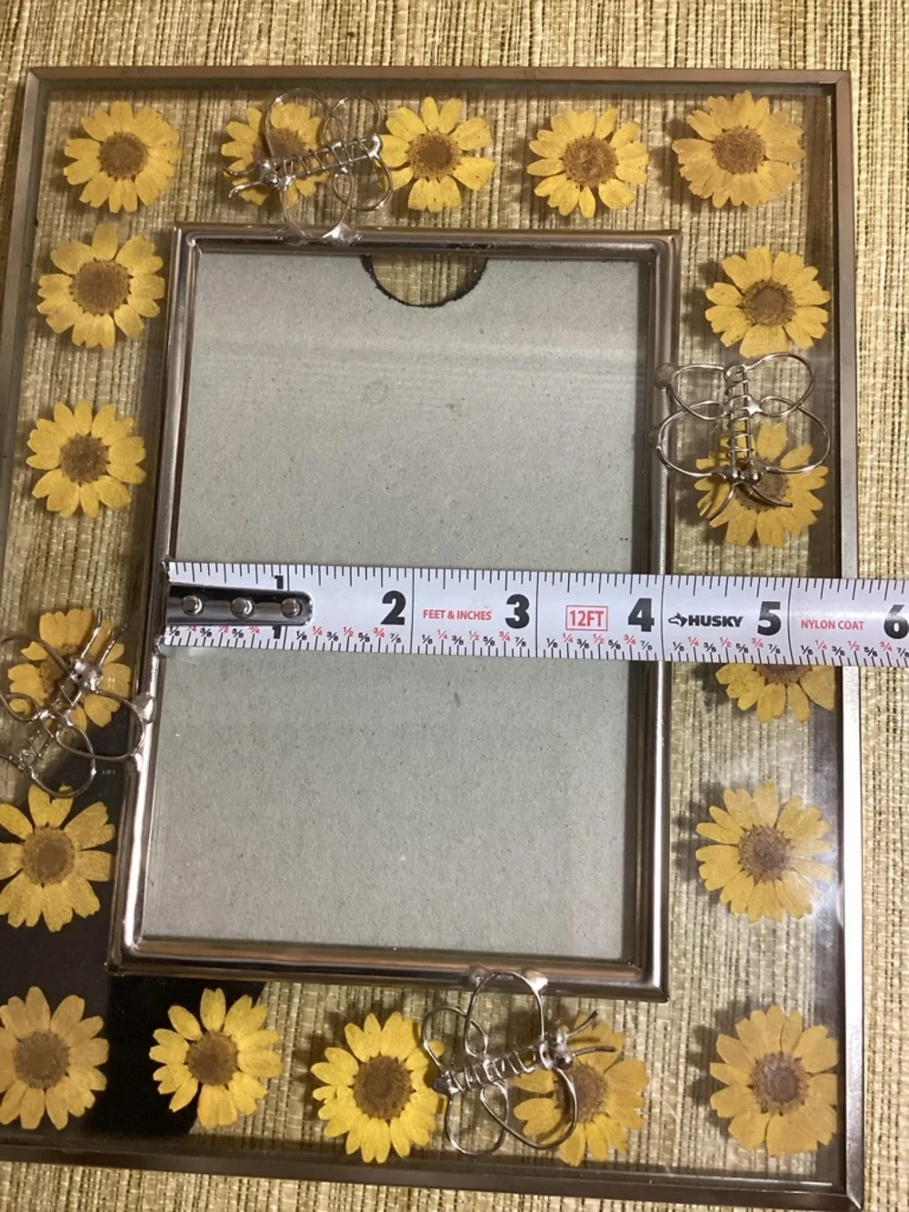 Pressed Sunflower in Glass Photo Frame with Silver Accents of Butterflies